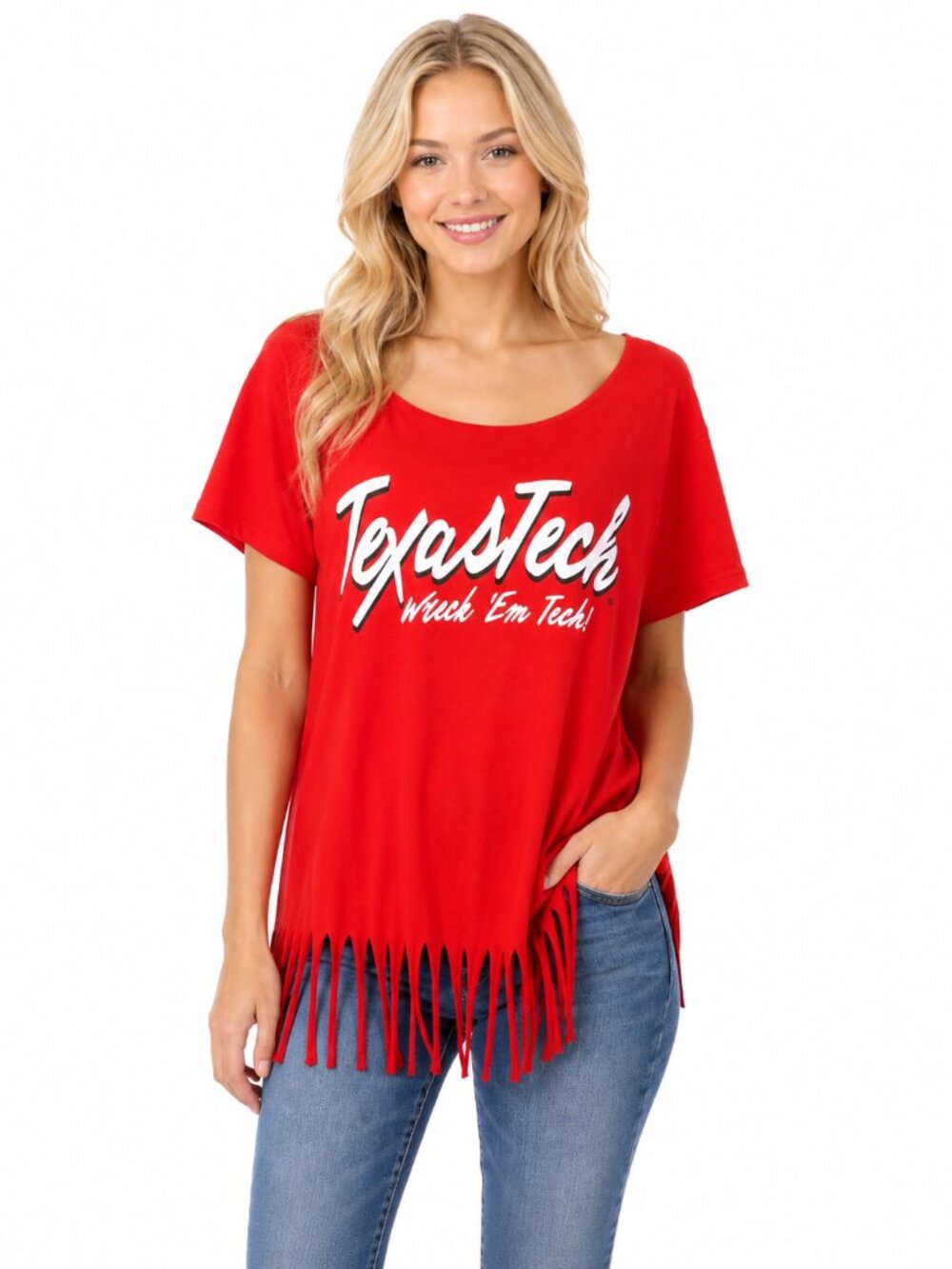 Texas Tech Red Raiders Womens Poncho Shirt Short Sleeve Fringe Tassels Red OSFM